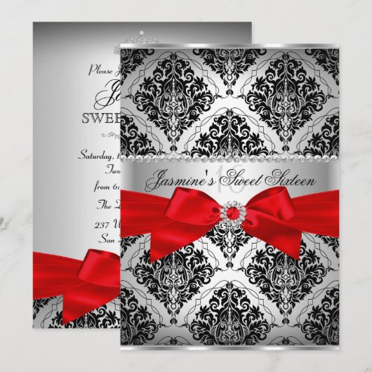 Invitation Pretty Red Black Damask pour les 16 ans (Devant / Derrière)