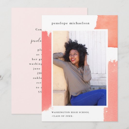 Invitation Pretty Rose Aquarelle Photo Graduation Party (Devant / Derrière)