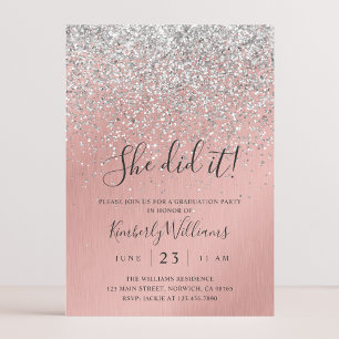 Invitation Pretty Rose Gold Silver Glitter Sparkly Graduation
