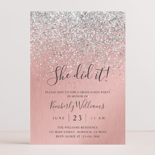 Invitation Pretty Rose Gold Silver Glitter Sparkly Graduation