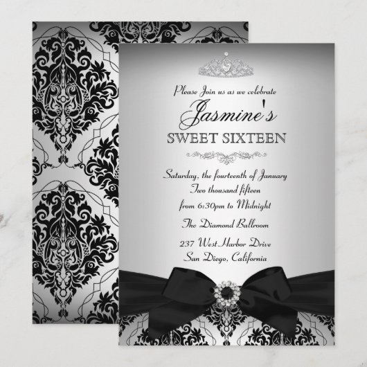 Invitation Pretty Silver Black Damask pour les 16  (Devant / Derrière)