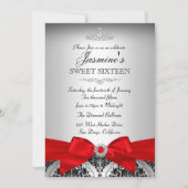 Invitation Pretty Silver Red Damask pour Sweet 16 (Devant)