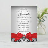 Invitation Pretty Silver Red Damask pour Sweet 16 (Debout devant)