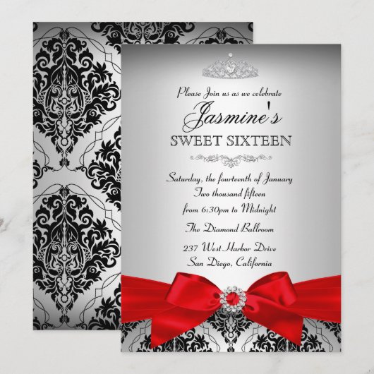 Invitation Pretty Silver Red Damask pour Sweet 16 (Devant / Derrière)