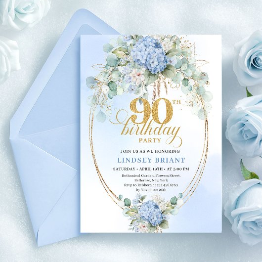 Invitation Pretty Soft Blue Hydrangea Gold 90th Birthday Card
