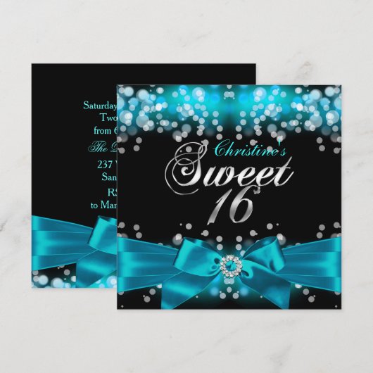 Invitation Pretty Teal Bow & Sparkle pour un Sweet (Devant / Derrière)