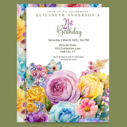 Invitation Pretty Watercolor Spring Floral 21st Birthday
