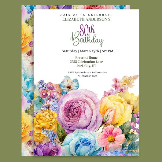Invitation Pretty Watercolor Spring Floral 80th Birthday