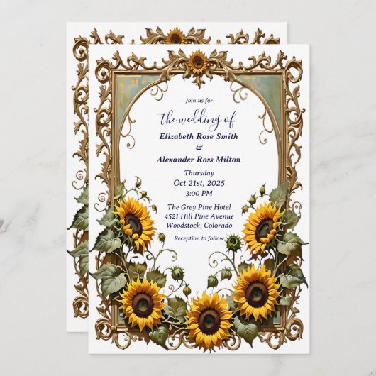 Invitation Pretty Yellow sunflower with art frame wedding  (Devant / Derrière)