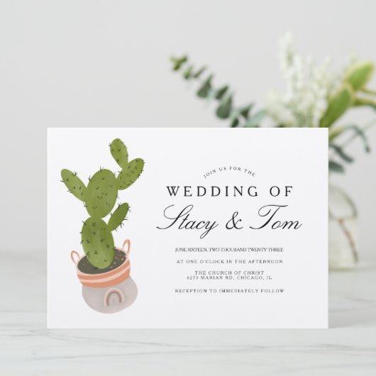 Invitation Prickly Pear Cactus main tiré Mariage Earthy (Debout devant)
