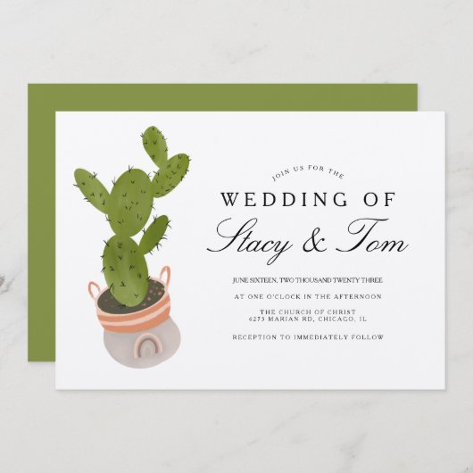 Invitation Prickly Pear Cactus main tiré Mariage Earthy (Devant / Derrière)