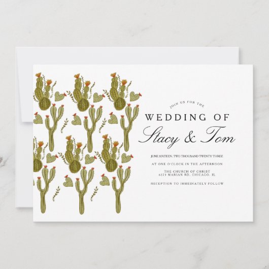 Invitation Prickly Pear Cactus Mariage vert peint à la main (Devant)
