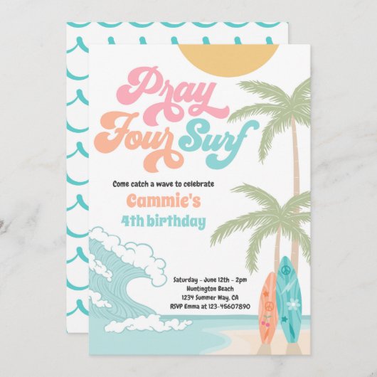 Invitation Prière Quatre Surfs Retro Surf Beach 4e anniversai (Devant / Derrière)