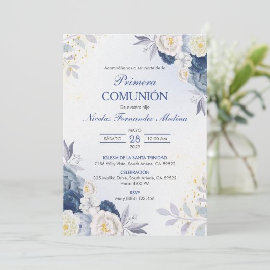 Invitation Primera Comunion Fleurs blanches Première communio (Debout devant)