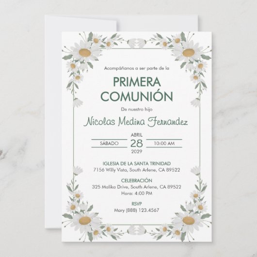 Invitation Primera Comunion Fleurs blanches Première communio (Devant)