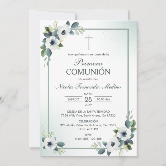 Invitation Primera Comunion Fleurs blanches Première communio (Devant)