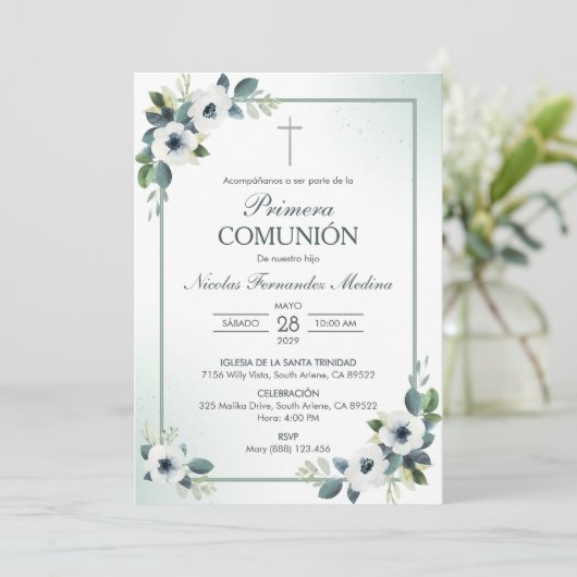 Invitation Primera Comunion Fleurs blanches Première communio (Debout devant)