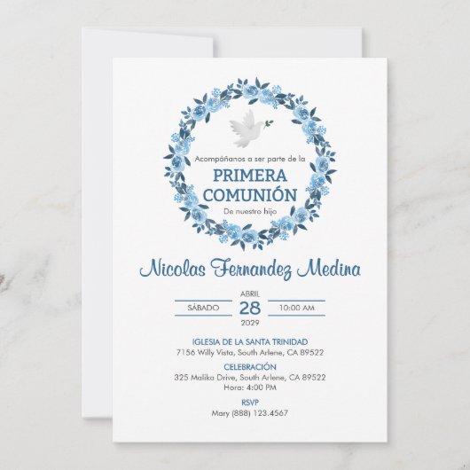 Invitation Primera Comunion Fleurs Bleues Première Communion (Devant)