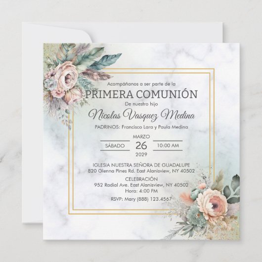 Invitation Primera Comunion Fleurs Boho Garçon Première Commu (Devant)