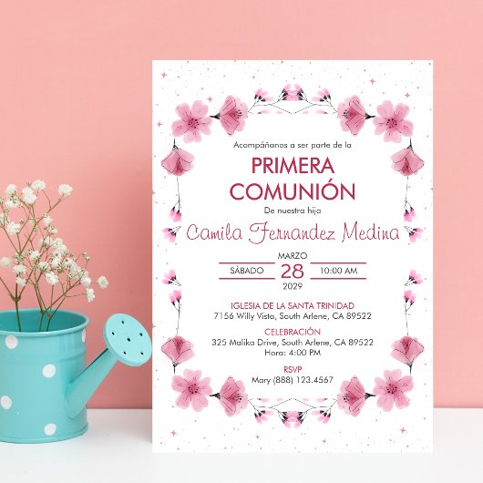 Invitation Primera Comunion Fleurs Roses Première Communion