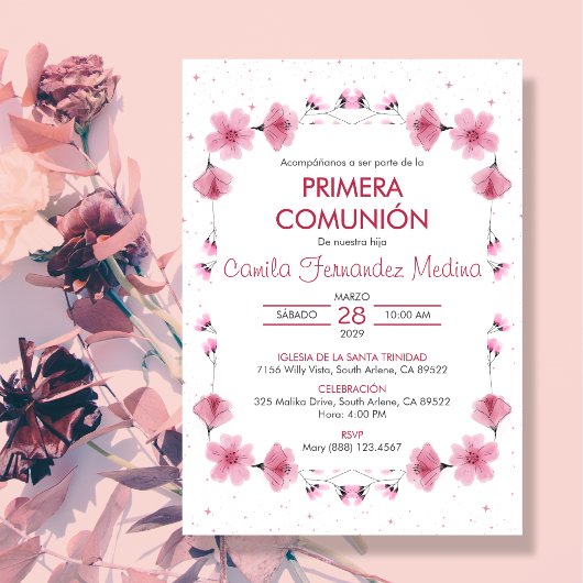 Invitation Primera Comunion Fleurs Roses Première Communion