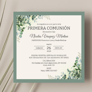 Invitation Primera Comunion Green Feuilles Garçon première co