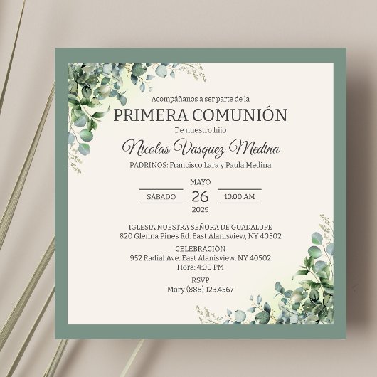 Invitation Primera Comunion Green Feuilles Garçon première co