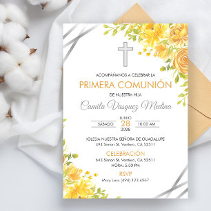 Invitation Primera Comunion Invitacion Fleurs Jaunes Cutes