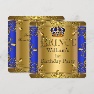 Invitation Prince 1er anniversaire Boy Royal Blue Gold Crown