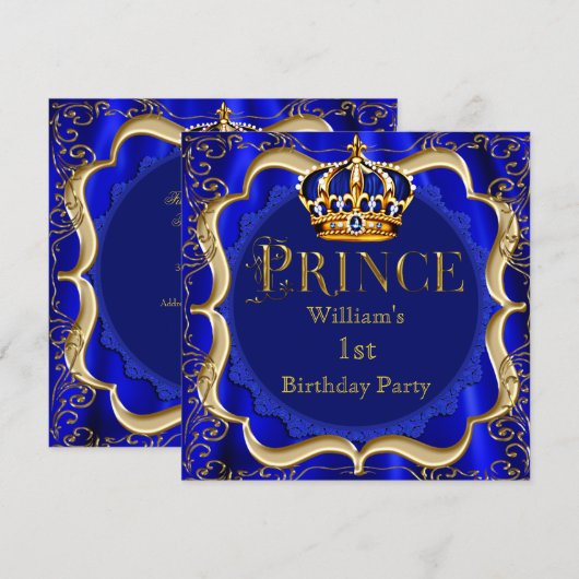 Invitation Prince 1er anniversaire garçon Royal Blue Gold Cro (Devant / Derrière)