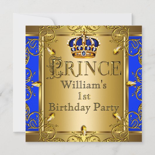 Invitation Prince 1er anniversaire garçon Royal Blue Gold Cro (Devant)