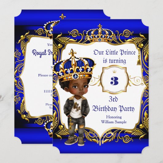 Invitation Prince 3e fête d'anniversaire Blue Gold Crown Ethn (Devant / Derrière)