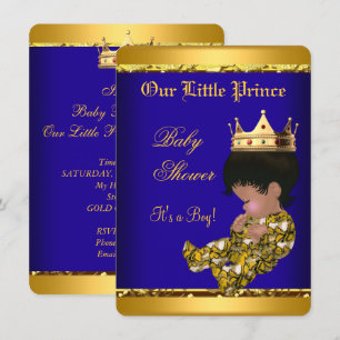 Invitation Prince Afro-Américain Baby Shower Bleu Or Garçon