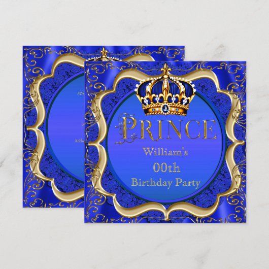 Invitation Prince Anniversaire Royal Blue Gold Crown Mens (Devant / Derrière)