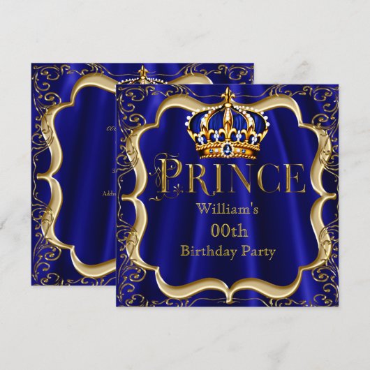 Invitation Prince Anniversaire Royal Blue Gold Crown Mens 2 (Devant / Derrière)