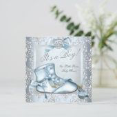 Invitation Prince Baby shower Baby Boy Blue Damask Shoe 4E (Debout devant)