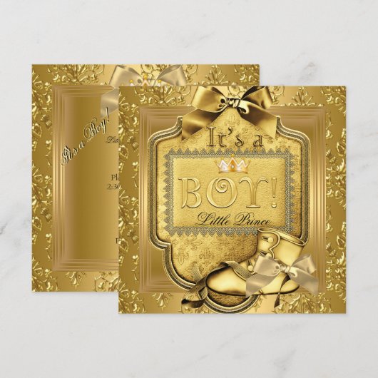 Invitation Prince Baby shower Bébé Garçon Elite Damask Gold 2 (Devant / Derrière)