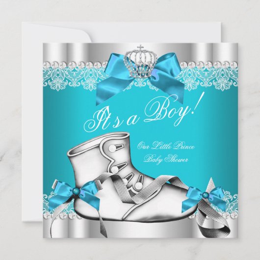 Invitation Prince Baby shower bébé garçon Turquoise dentelle  (Devant)