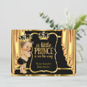 Invitation Prince Baby shower Black Gold Draps Brunette (Debout devant)