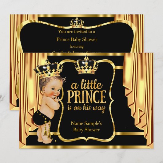 Invitation Prince Baby shower Black Gold Draps Brunette (Devant / Derrière)