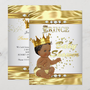 Invitation Prince Baby Shower Blanc Or Feuille Ethnique