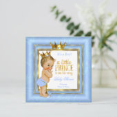 Invitation Prince Baby shower Bleu Blanc Or Couronne Blonde (Debout devant)