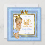 Invitation Prince Baby shower Bleu Blanc Or Couronne Blonde (Devant)
