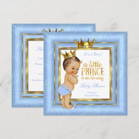 Invitation Prince Baby shower Bleu Blanc Or Couronne Brunette (Devant / Derrière)