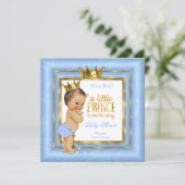 Invitation Prince Baby shower Bleu Blanc Or Couronne Brunette (Debout devant)