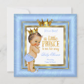 Invitation Prince Baby shower Bleu Blanc Or Couronne Brunette (Devant)