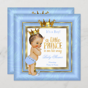 Invitation Prince Baby shower Bleu Blanc Or Couronne Brunette