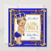 Invitation Prince Baby shower Bleu Or Couronne Brunette Garço (Devant)