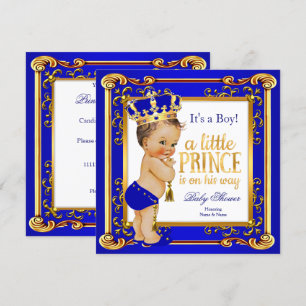 Invitation Prince Baby shower Bleu Or Couronne Brunette Garço