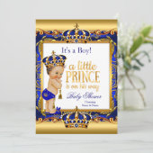 Invitation Prince Baby shower Bleu Ornate Or Brunette Boy (Debout devant)